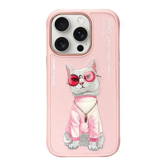 iPhone 16 Pro Max Nimmy 3D Embroidery Chain Cute Cat Series Case - Pink