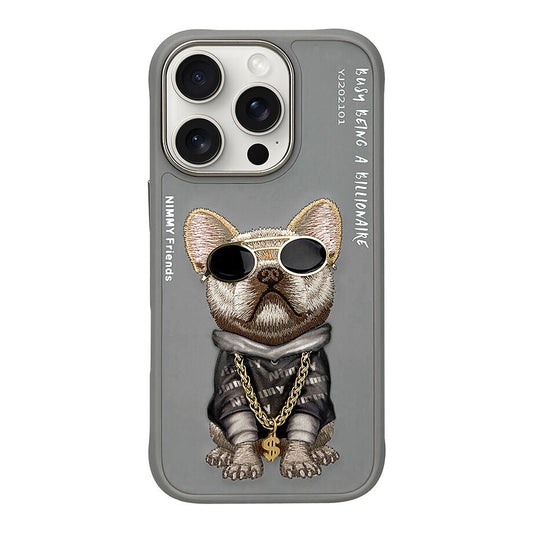 iPhone 16 Pro Max Nimmy 3D Embroidery Chain Swag Dog Case - Grey