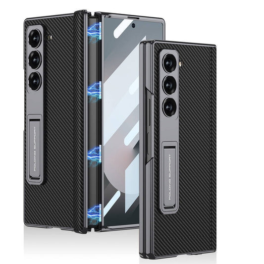 Samsung Galaxy Z Fold6 Leather Case, Phantom Series Kickstand Leather with Magnetic Hinge Protection - Carbon