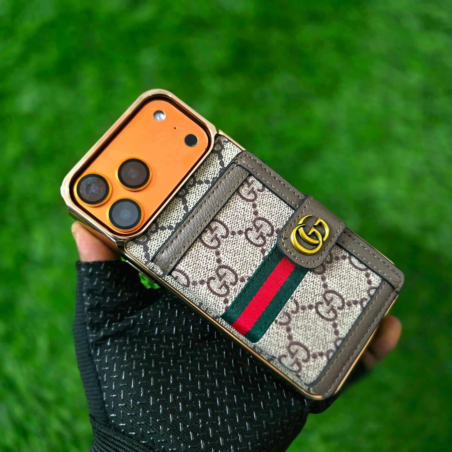 iPhone 17 Pro Max Luxurious Electroplating GG Leather Case with Card Holder Wallet