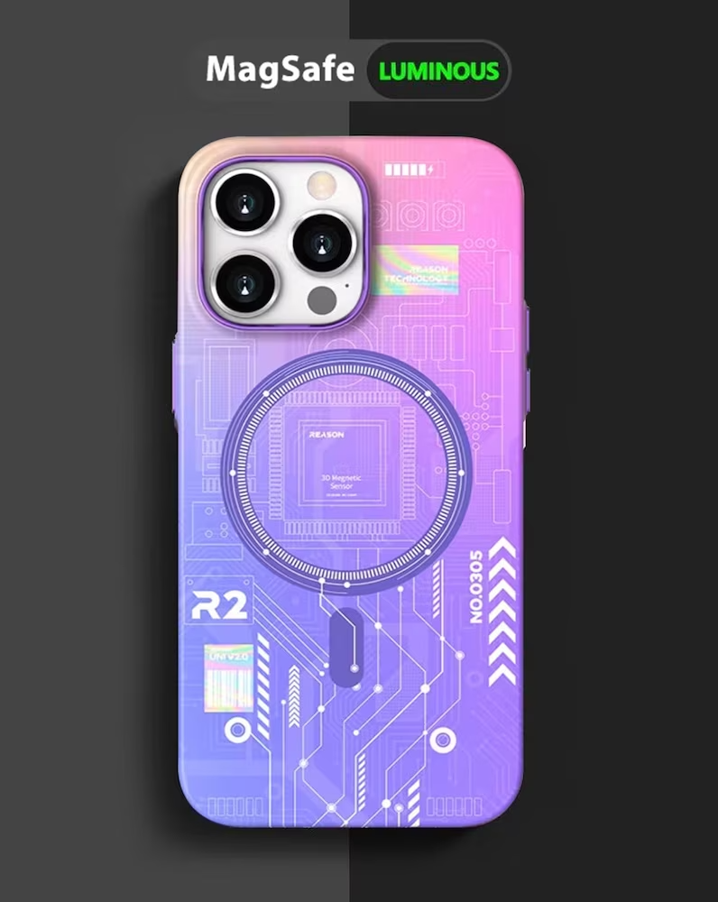 iPhone 14 Pro Night Glow Case Futuristic Tech Design - Blue/Pink