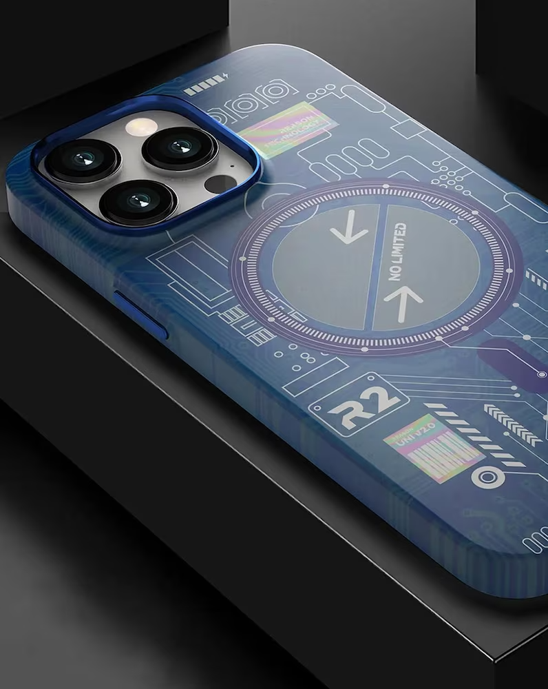 iPhone 15 Night Glow Case Futuristic Tech Design with Magsagfe - Blue