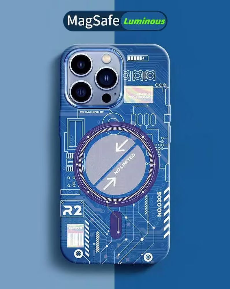 iPhone 15 Night Glow Case Futuristic Tech Design with Magsagfe - Blue