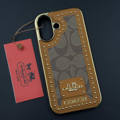 iPhone 17 Leather Case, Gold Plated Luxury Coach Leather Cover Monogram Case