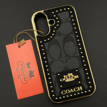 iPhone 17 Leather Case, Gold Plated Luxury Coach Leather Cover Monogram Case