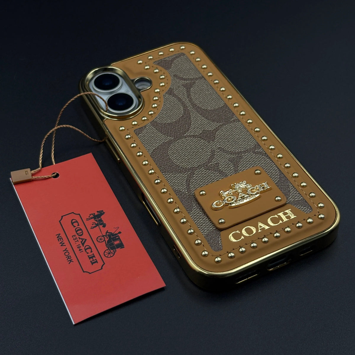 iPhone 17 Leather Case, Gold Plated Luxury Coach Leather Cover Monogram Case