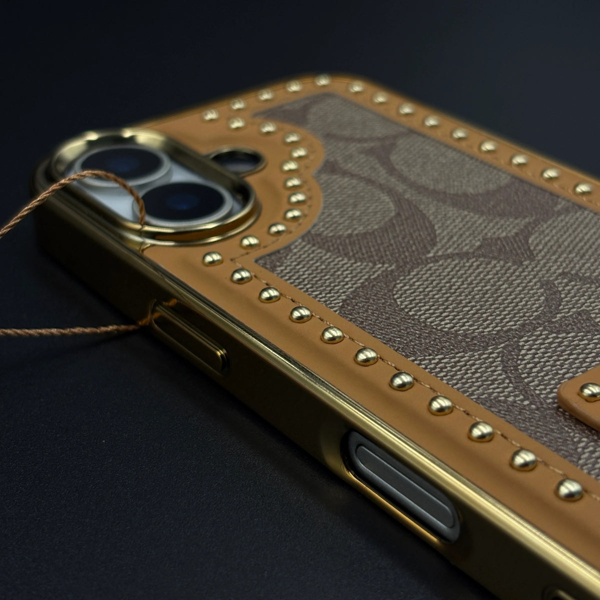 iPhone 17 Leather Case, Gold Plated Luxury Coach Leather Cover Monogram Case