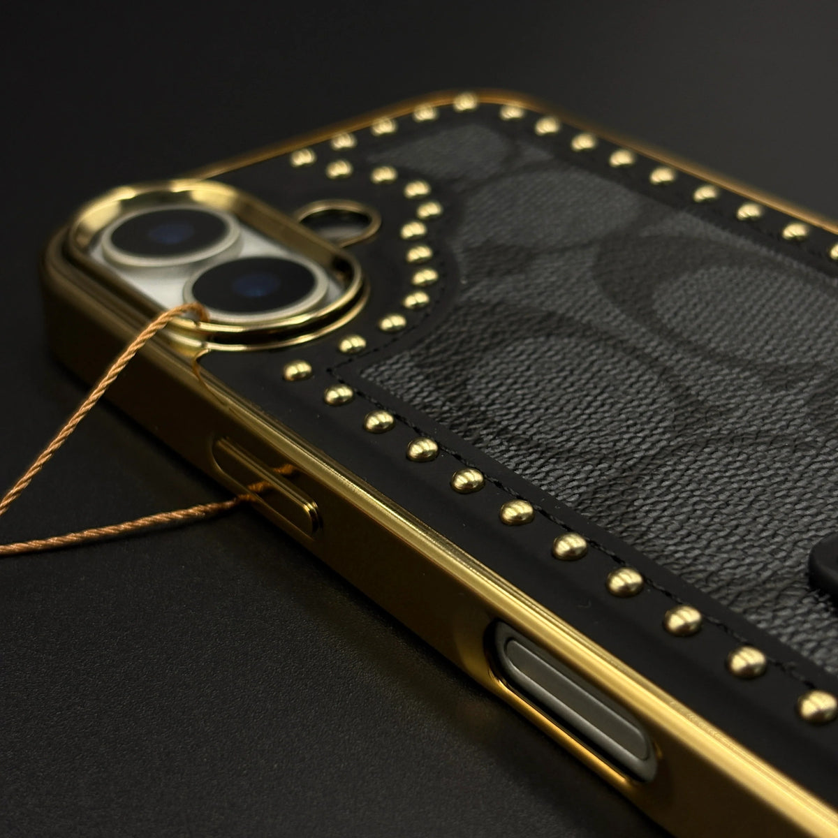 iPhone 17 Leather Case, Gold Plated Luxury Coach Leather Cover Monogram Case