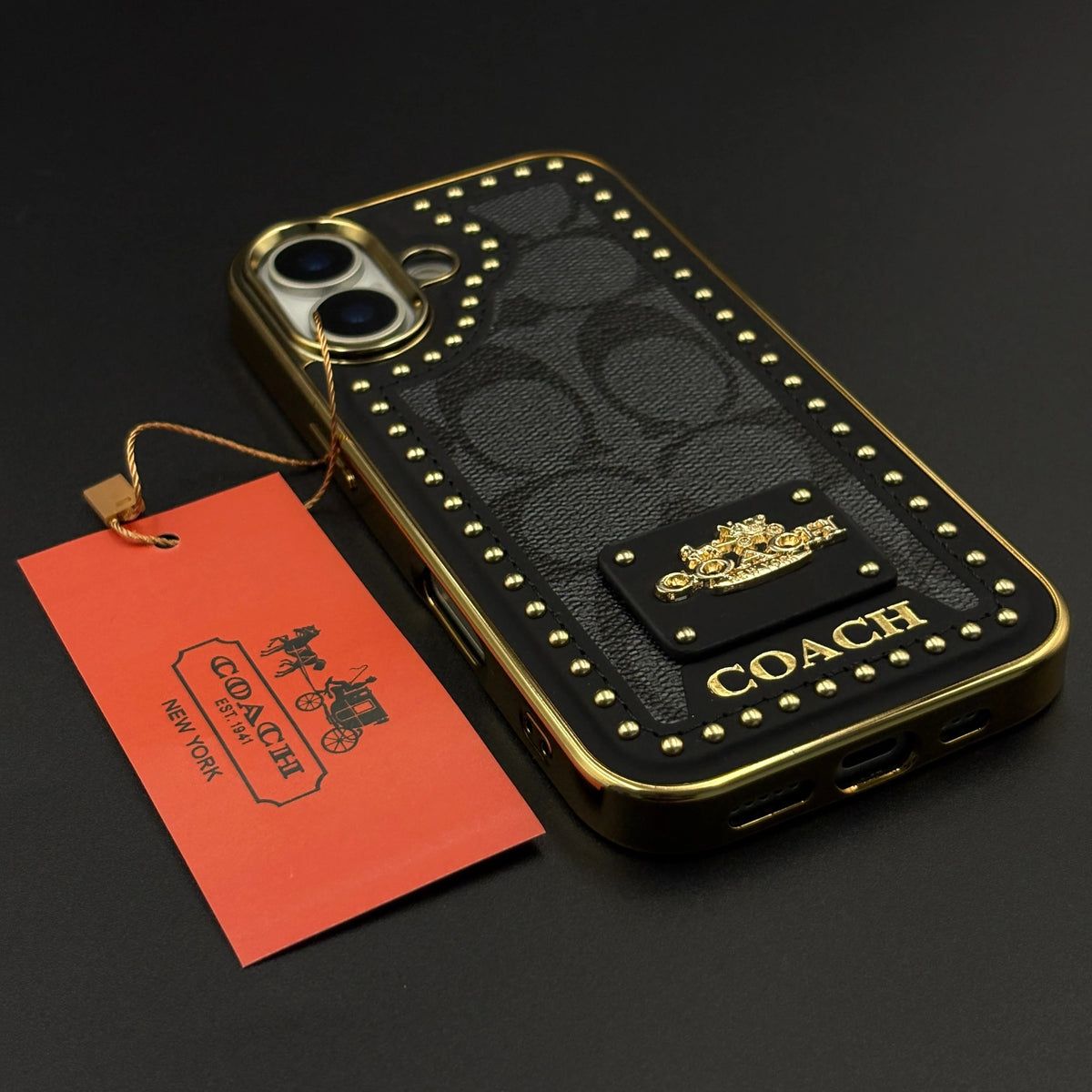 iPhone 17 Leather Case, Gold Plated Luxury Coach Leather Cover Monogram Case