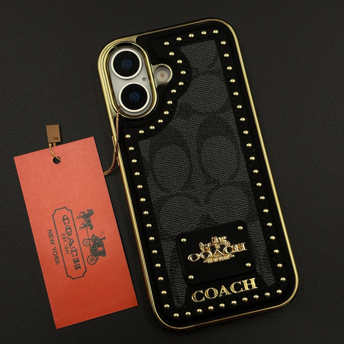 iPhone 17 Leather Case, Gold Plated Luxury Coach Leather Cover Monogram Case