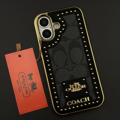 iPhone 17 Leather Case, Gold Plated Luxury Coach Leather Cover Monogram Case