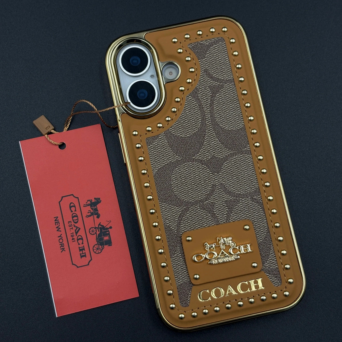 iPhone 17 Leather Case, Gold Plated Luxury Coach Leather Cover Monogram Case