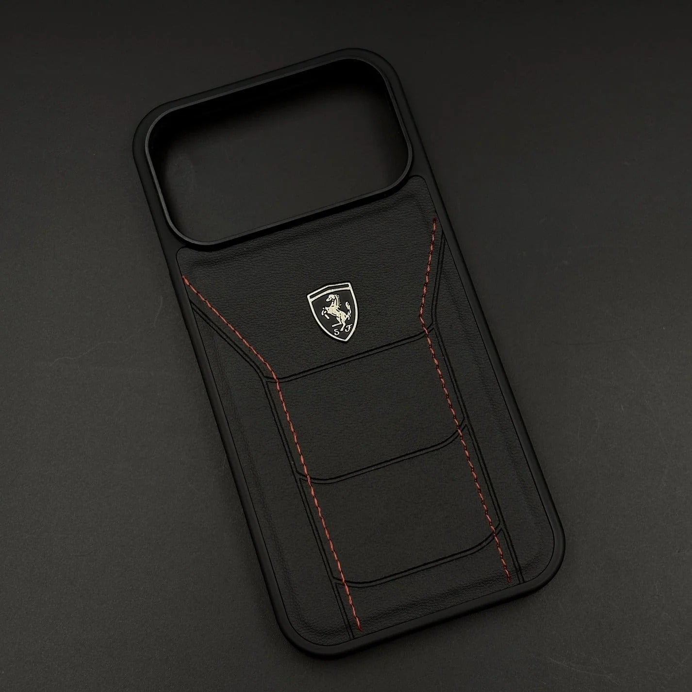 iPhone 17 Pro Ferrari Sports Car Heritage Leather Stitched Case - Black
