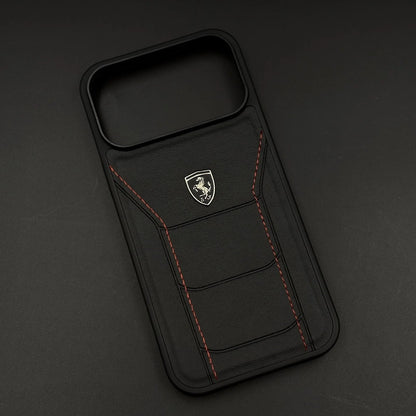 iPhone 17 Pro Ferrari Sports Car Heritage Leather Stitched Case - Black