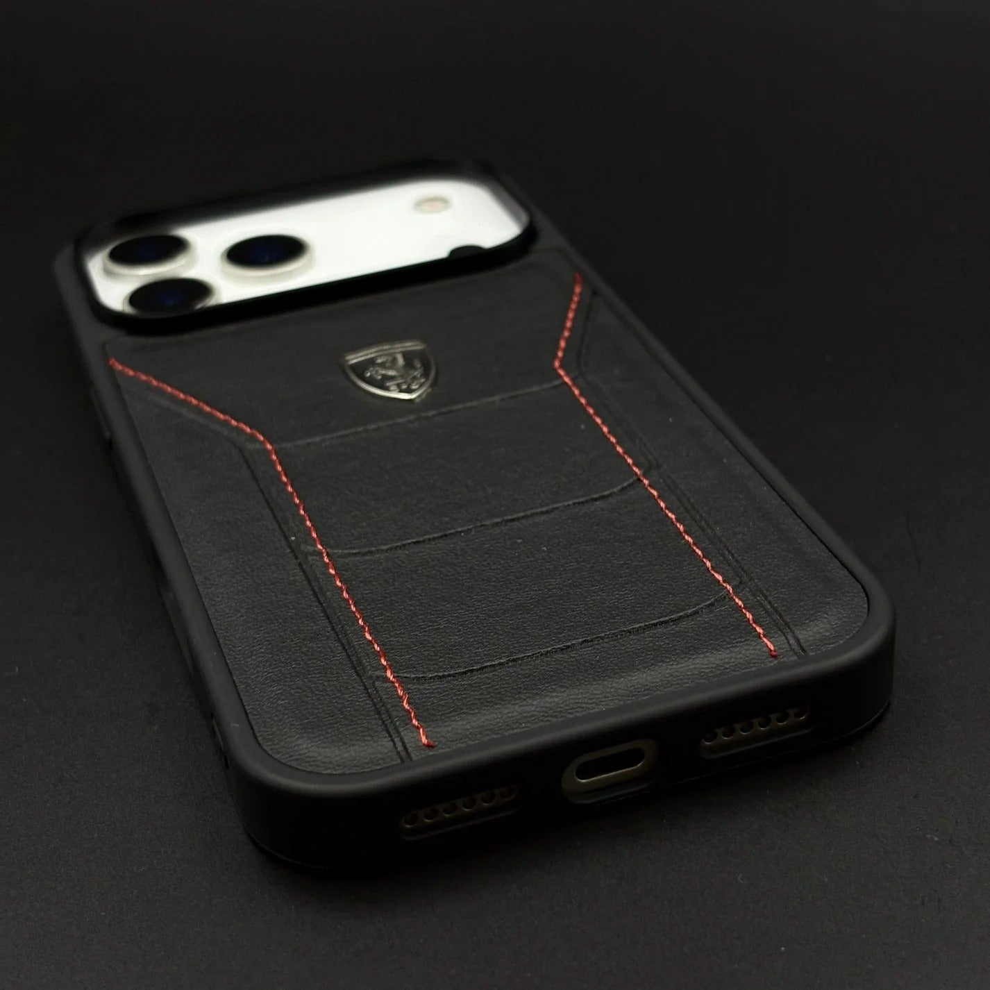 iPhone 17 Pro Ferrari Sports Car Heritage Leather Stitched Case - Black