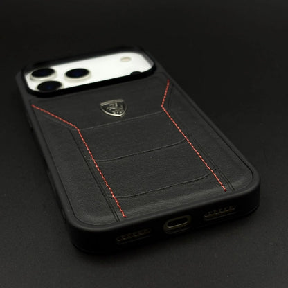 iPhone 17 Pro Ferrari Sports Car Heritage Leather Stitched Case - Black