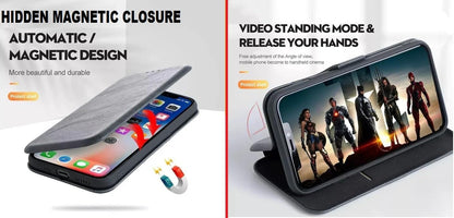 iPhone 17 Pro Max Leather Magnetic Flip Case with Card Slot and Kickstand - Black