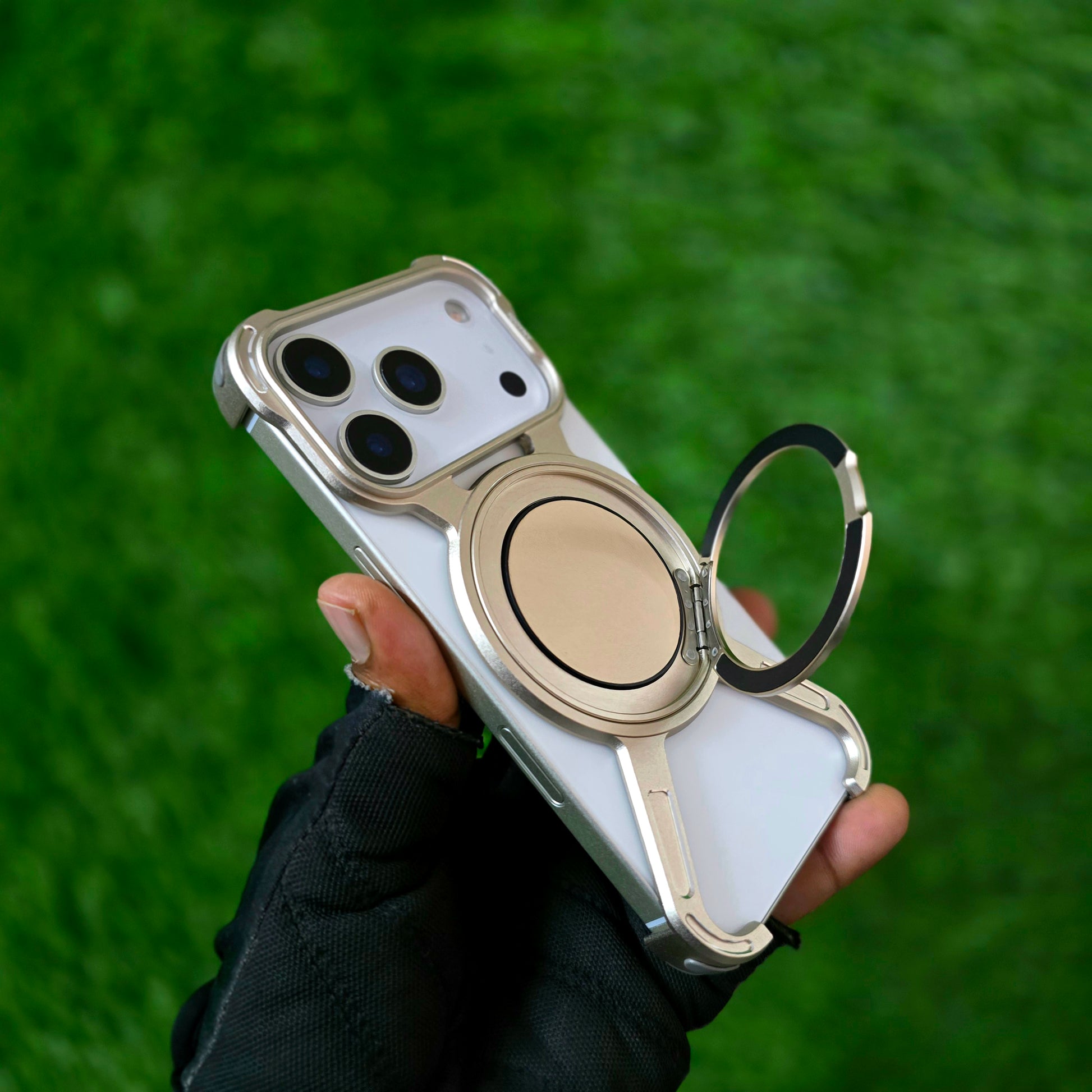 iPhone 17 Pro Max Metal X-Shape Frameless Bumper Case 360° Rotatable Stand with Magsafe - Desert Titanium