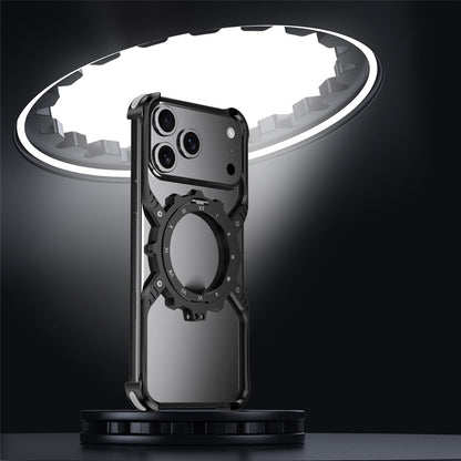 iPhone 17 Pro Metal Bumper Case, Aluminum Alloy X-Shape Luminous Kickstand with Magsafe - Black