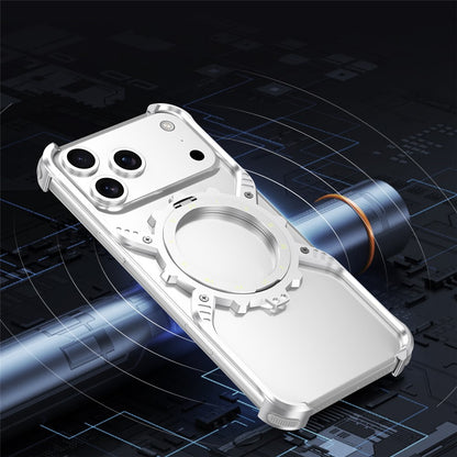 iPhone 17 Pro Metal Bumper Case, Aluminum Alloy X-Shape Luminous Kickstand with Magsafe - Silver