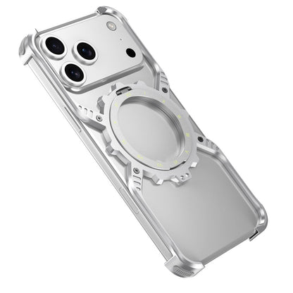 iPhone 17 Pro Metal Bumper Case, Aluminum Alloy X-Shape Luminous Kickstand with Magsafe - Silver