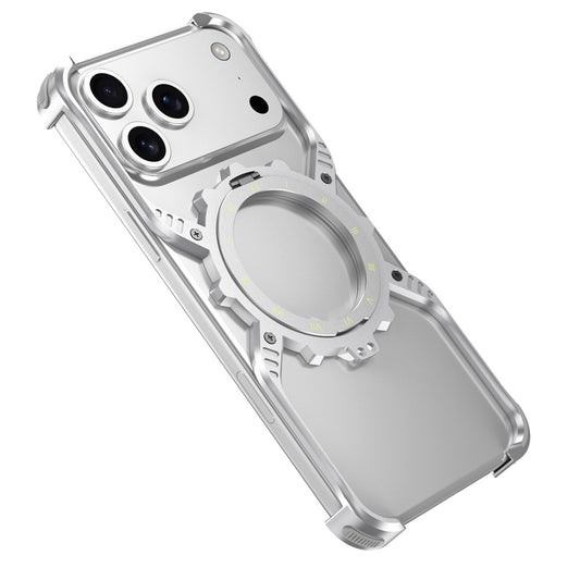 iPhone 17 Pro Metal Bumper Case, Aluminum Alloy X-Shape Luminous Kickstand with Magsafe - Silver