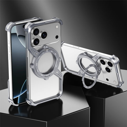 iPhone 17 Pro Metal Bumper Case, Corner Airbag S-Shape Luminous Kickstand with Magsafe - Silver