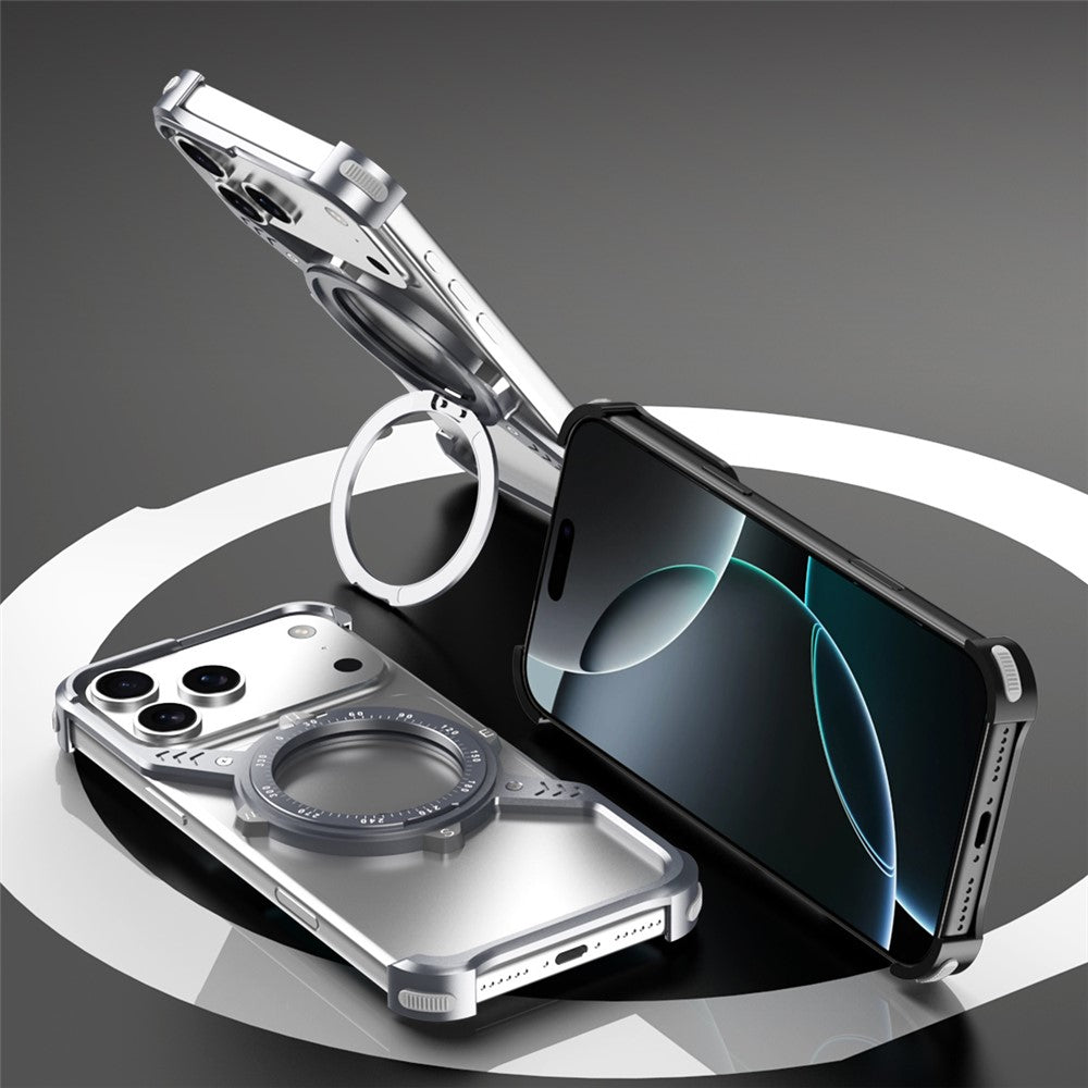 iPhone 17 Pro Metal Bumper Case, Corner Airbag S-Shape Luminous Kickstand with Magsafe - Silver