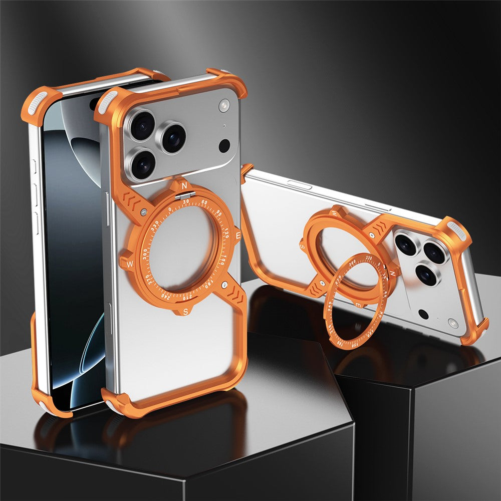 iPhone 17 Pro Metal Bumper Case, Corner Airbag S-Shape Luminous Kickstand with Magsafe - Orange