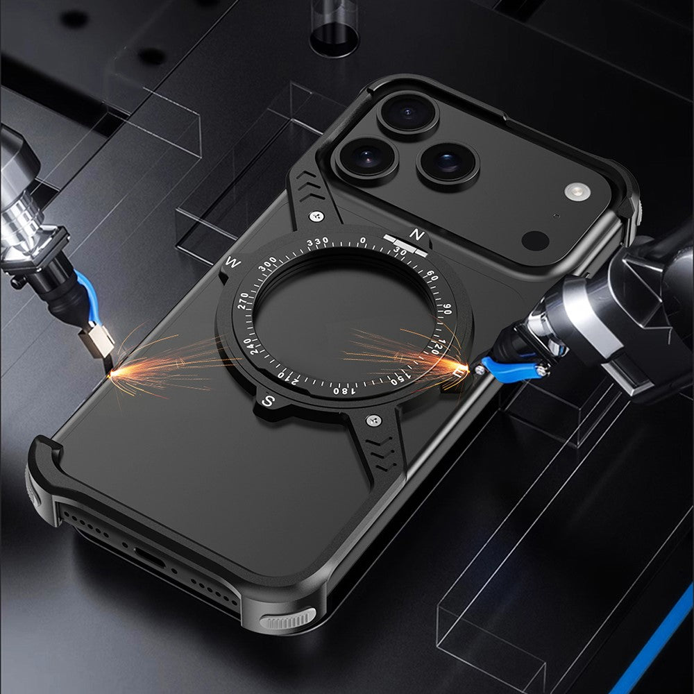 iPhone 17 Pro Metal Bumper Case, Corner Airbag S-Shape Luminous Kickstand with Magsafe - Black