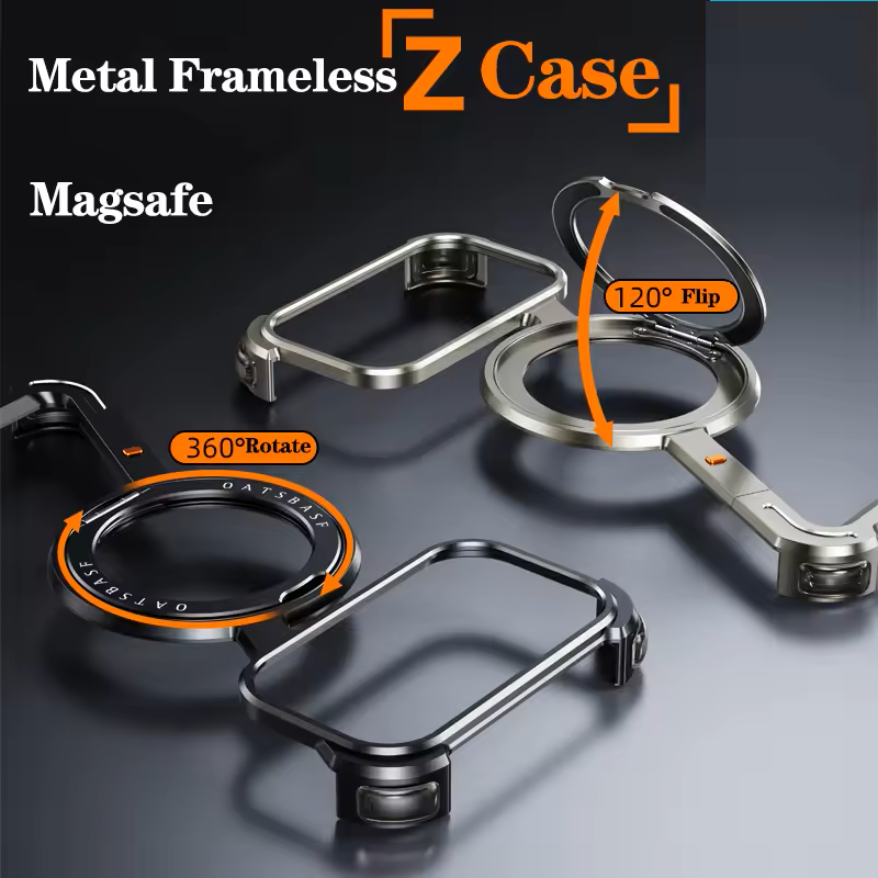 iPhone 17 Air Metal Frameless Bumper Case 360° Rotatable Stand with Magsafe - Black