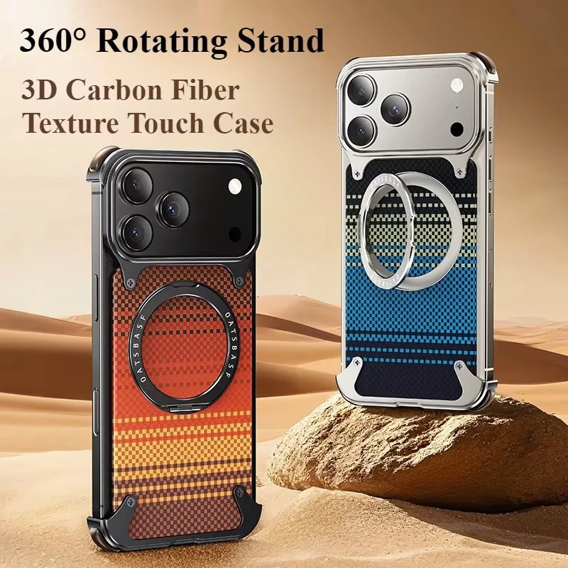 iPhone 17 Pro Metal Case, Frameless Leather Magnetic Invisible Stand Cover with Magsafe - Blue