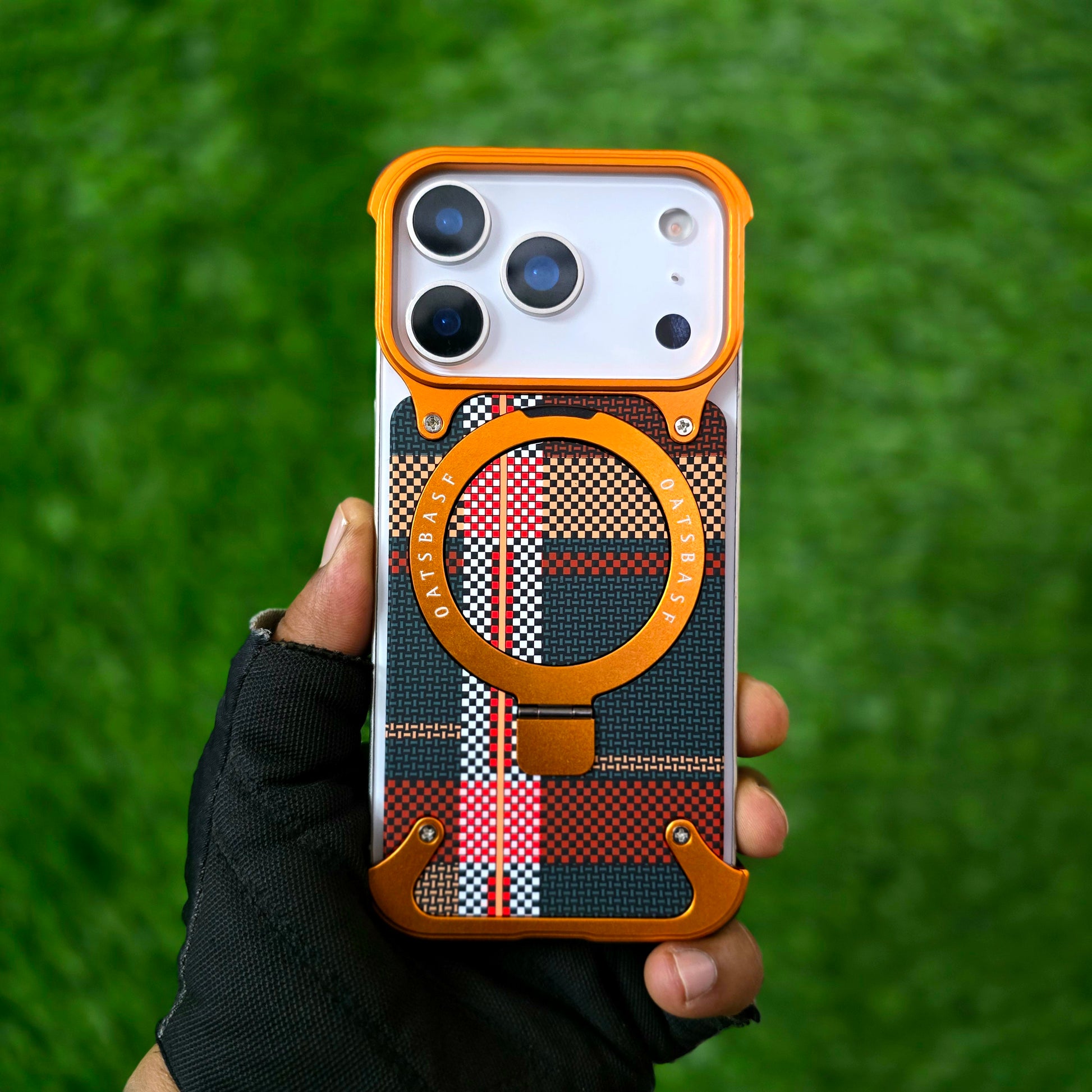iPhone 17 Pro Metal Case, Frameless Leather Magnetic Invisible Stand Cover with Magsafe - Orange