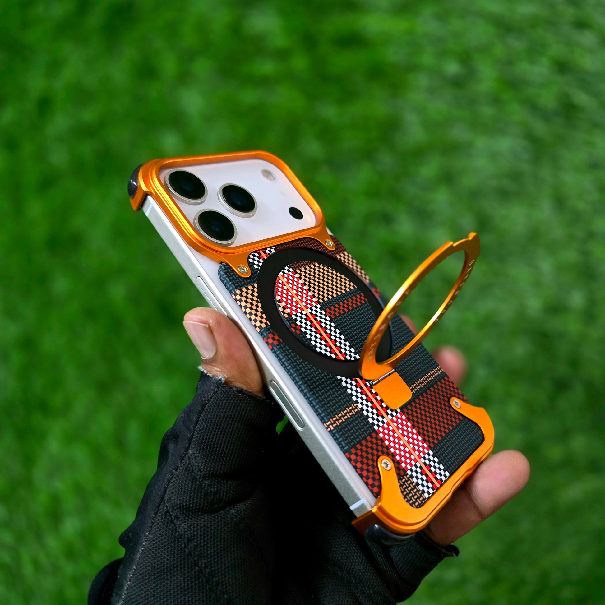 iPhone 17 Pro Metal Case, Frameless Leather Magnetic Invisible Stand Cover with Magsafe - Orange