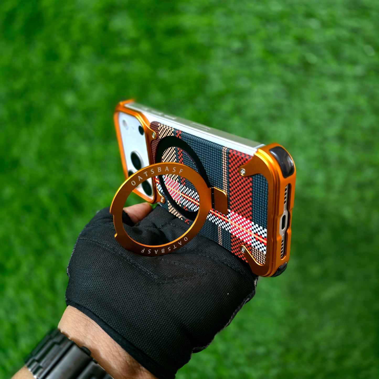 iPhone 17 Pro Metal Case, Frameless Leather Magnetic Invisible Stand Cover with Magsafe - Orange