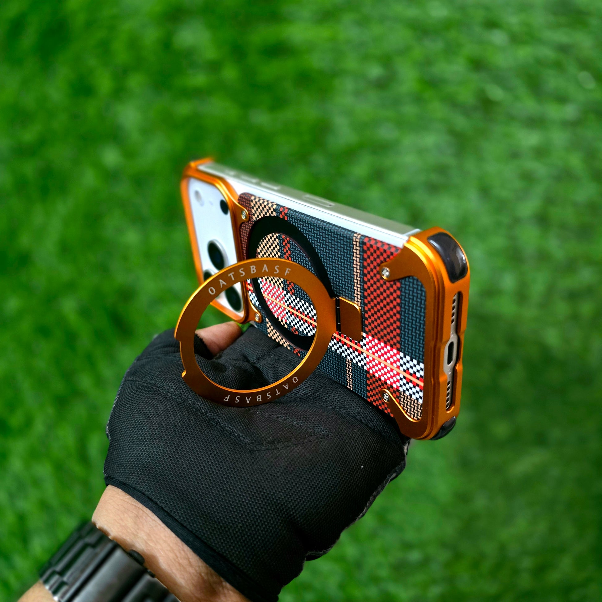 iPhone 17 Pro Metal Case, Frameless Leather Magnetic Invisible Stand Cover with Magsafe - Orange
