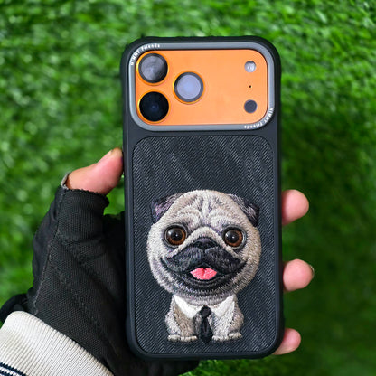 iPhone 17 Pro Max Nimmy Case, Cute Pug Dog 3D Embroidery Case - Black