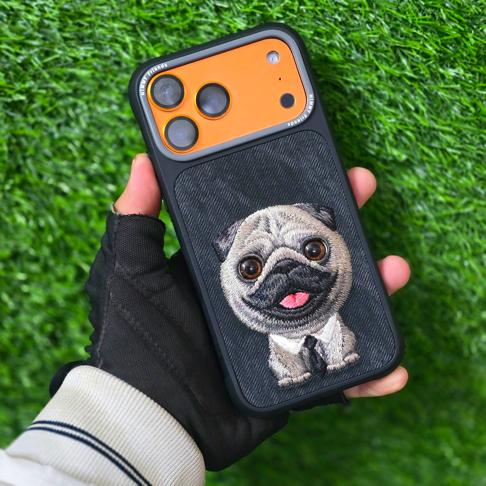 iPhone 17 Pro Max Nimmy Case, Cute Pug Dog 3D Embroidery Case - Black