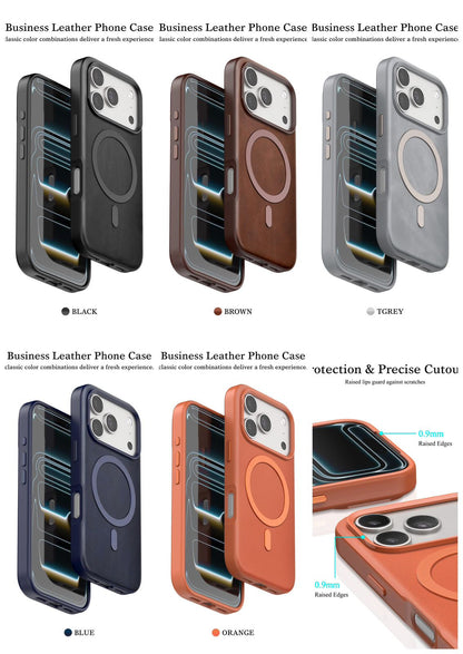 iPhone 17 Pro Leather Magsafe Case Premium Luxurious Leather with Metal Magnetic Magsafe Ring - Titanium Grey