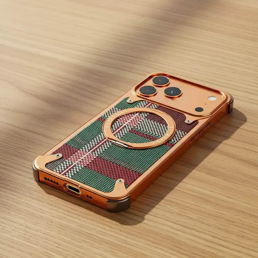 iPhone 17 Pro Metal Case, Frameless Leather Magnetic Invisible Stand Cover with Magsafe - Orange
