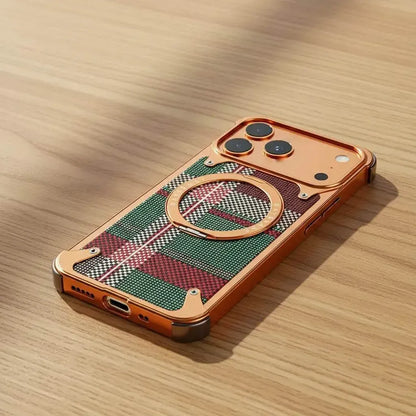 iPhone 17 Pro Metal Case, Frameless Leather Magnetic Invisible Stand Cover with Magsafe - Orange