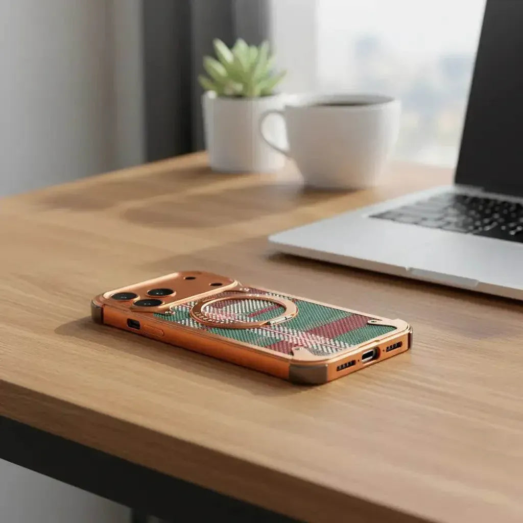iPhone 17 Pro Metal Case, Frameless Leather Magnetic Invisible Stand Cover with Magsafe - Orange