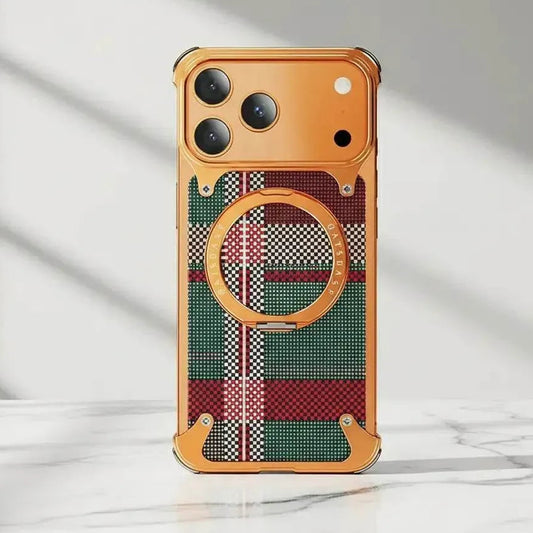 iPhone 17 Pro Metal Case, Frameless Leather Magnetic Invisible Stand Cover with Magsafe - Orange