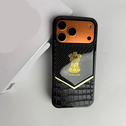 iPhone 17 Pro Max "Satyamev Jayate" Crock & Carbon Pattern Printed Logo Case