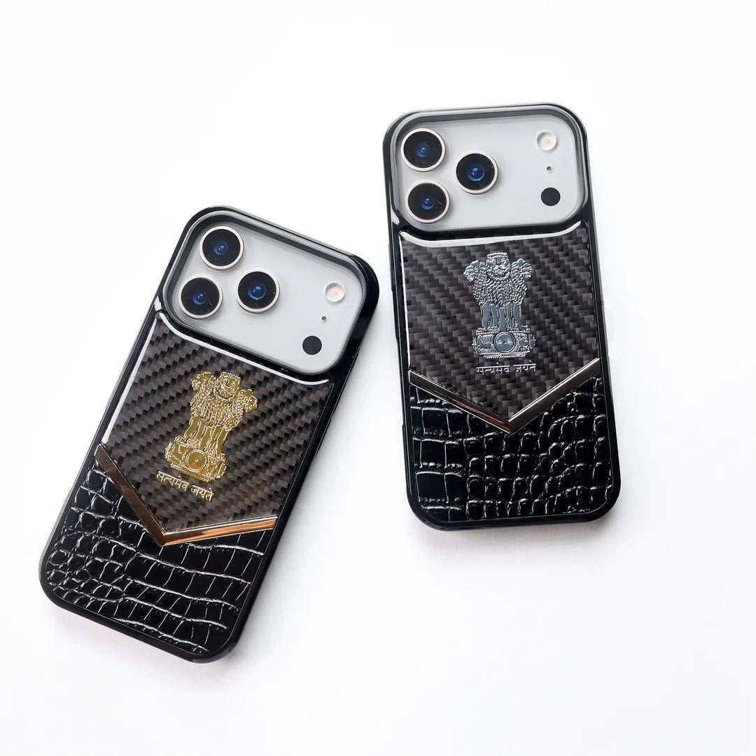 iPhone 17 Pro Max "Satyamev Jayate" Crock & Carbon Pattern Printed Logo Case