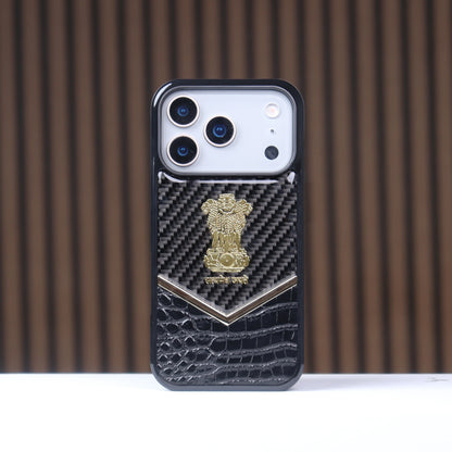 iPhone 17 Pro Max "Satyamev Jayate" Crock & Carbon Pattern Printed Logo Case