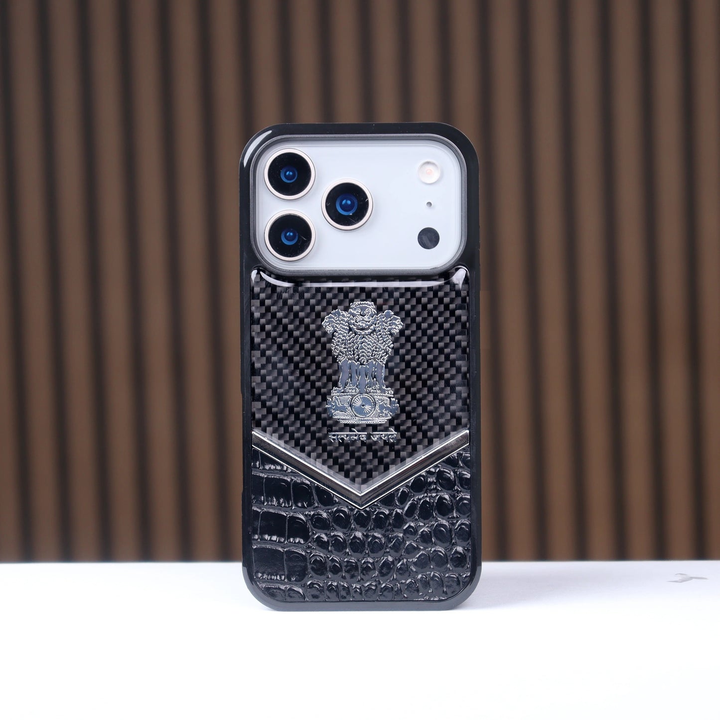 iPhone 17 Pro Max "Satyamev Jayate" Crock & Carbon Pattern Printed Logo Case
