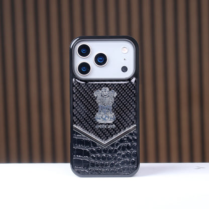iPhone 17 Pro Max "Satyamev Jayate" Crock & Carbon Pattern Printed Logo Case