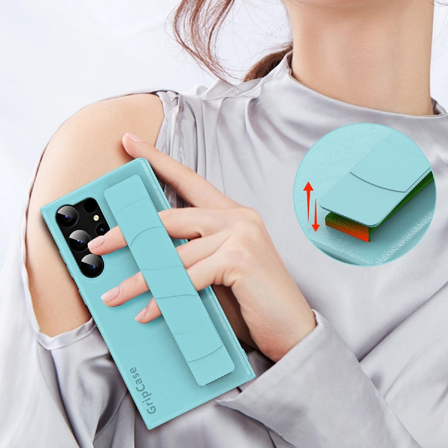 Samsung Galaxy S24 Ultra Leather Feel Skin Elastic Wrist Band Grip Case - Titanium