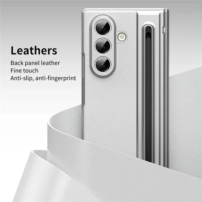 Samsung Galaxy Z Fold7 Leather Case, Electroplating S Pen Case with Kickstand & Hinge Protection - White